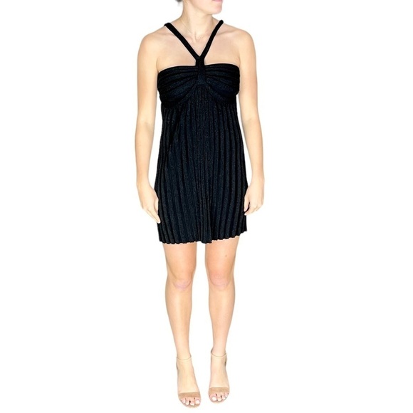 ALICE + OLIVIA Y2K SPARKLE PLEATED HALTER BABYDOLL KNIT MINI DRESS - Picture 1 of 15